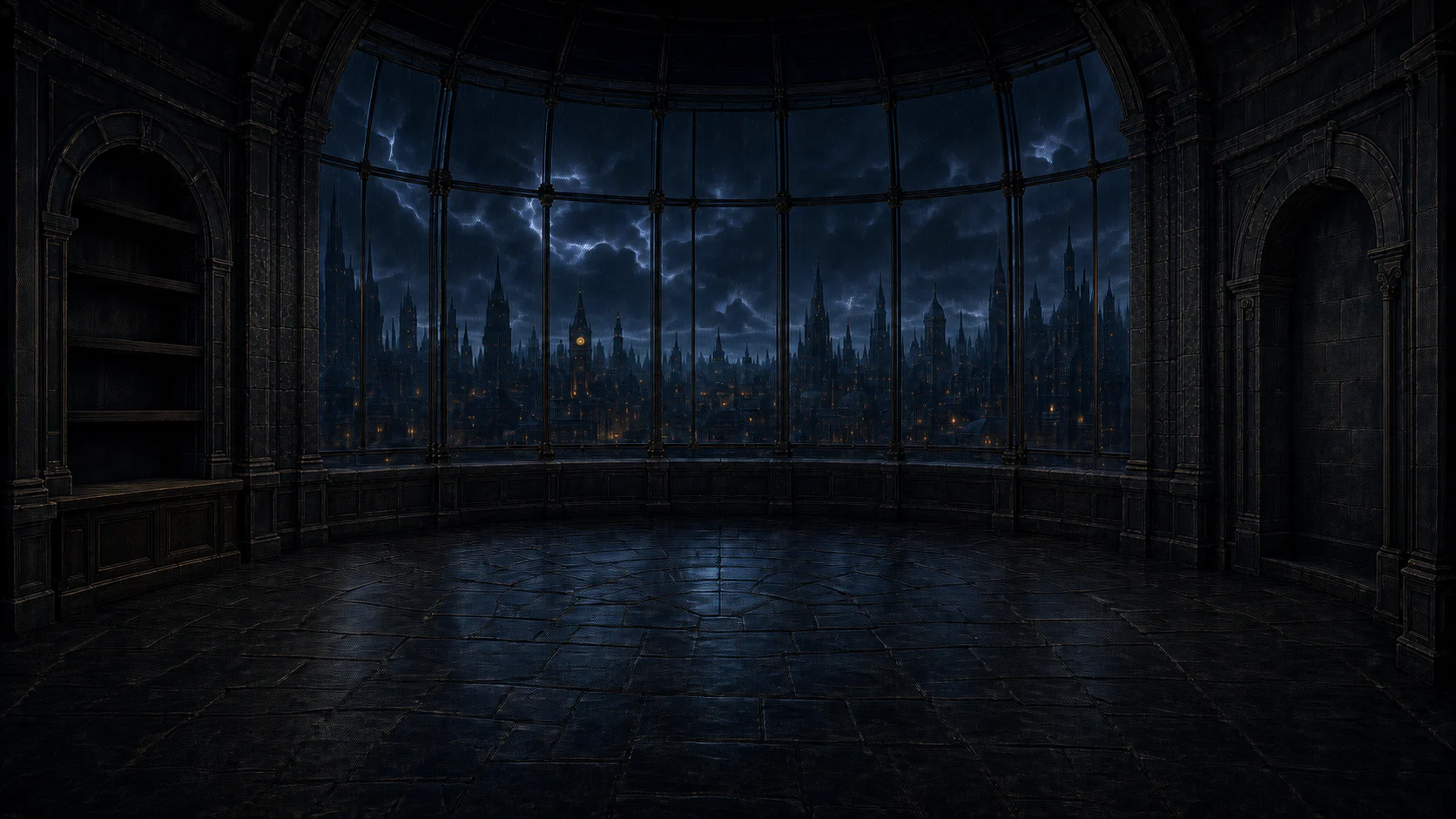 An empty, ancient dome observatory overlooking a storm-dark city at night.
