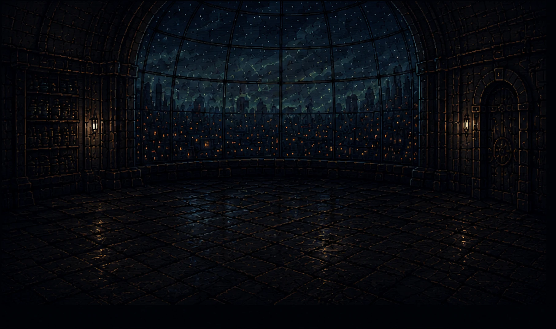 An empty, ancient dome observatory overlooking a distant city at night.