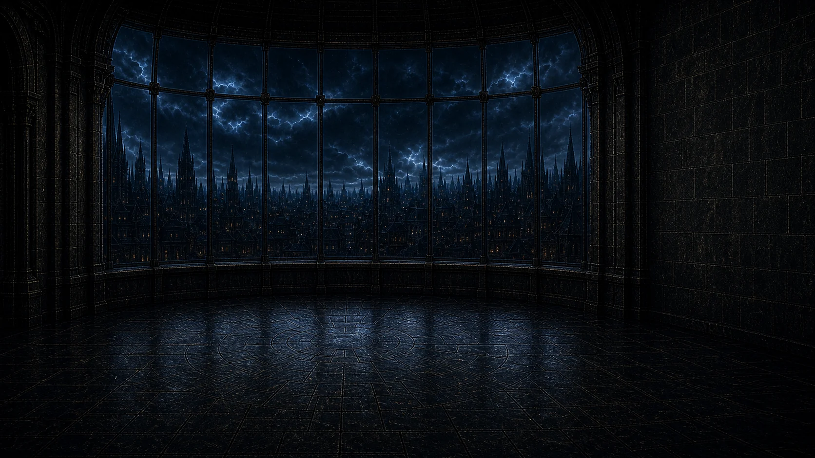 An empty, ancient dome observatory overlooking a storm-dark city at night.
